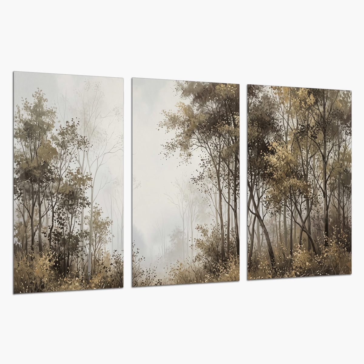 Tall autumn trees framing a pale misty woodland clearing set of 3 poster prints on a white background