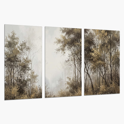 Tall autumn trees framing a pale misty woodland clearing set of 3 poster prints on a white background