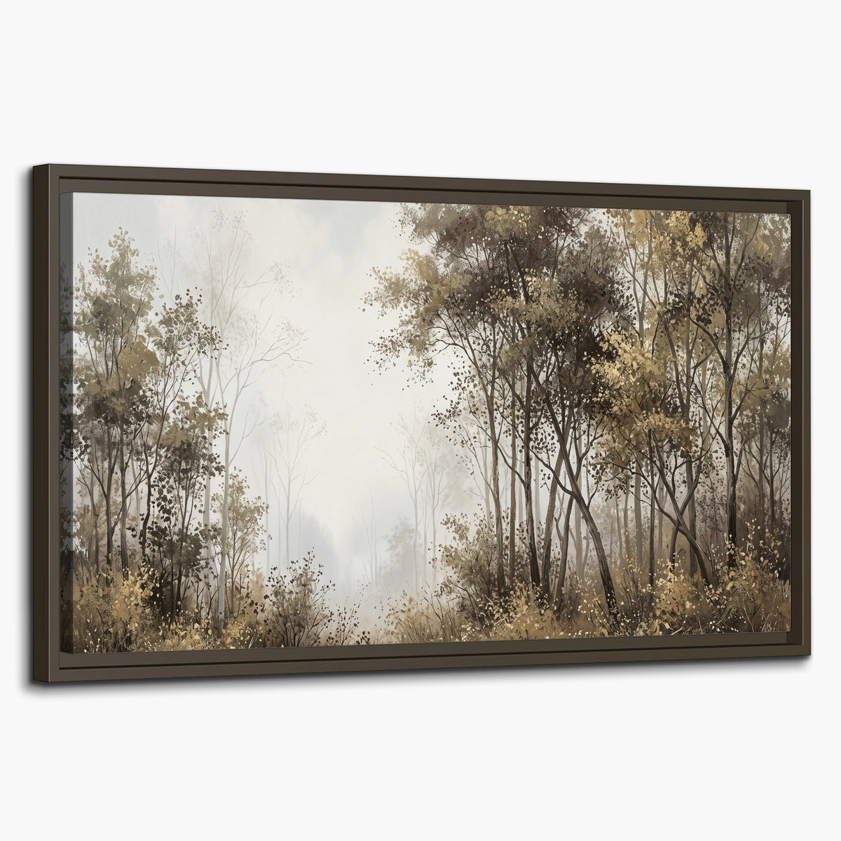 Tall autumn trees framing a pale misty woodland clearing single framed canvas wall art on a white background