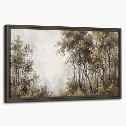 Tall autumn trees framing a pale misty woodland clearing single framed canvas wall art on a white background