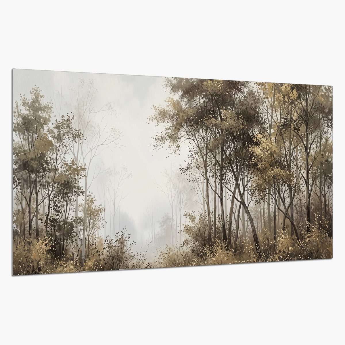 Tall autumn trees framing a pale misty woodland clearing single poster print on a white background