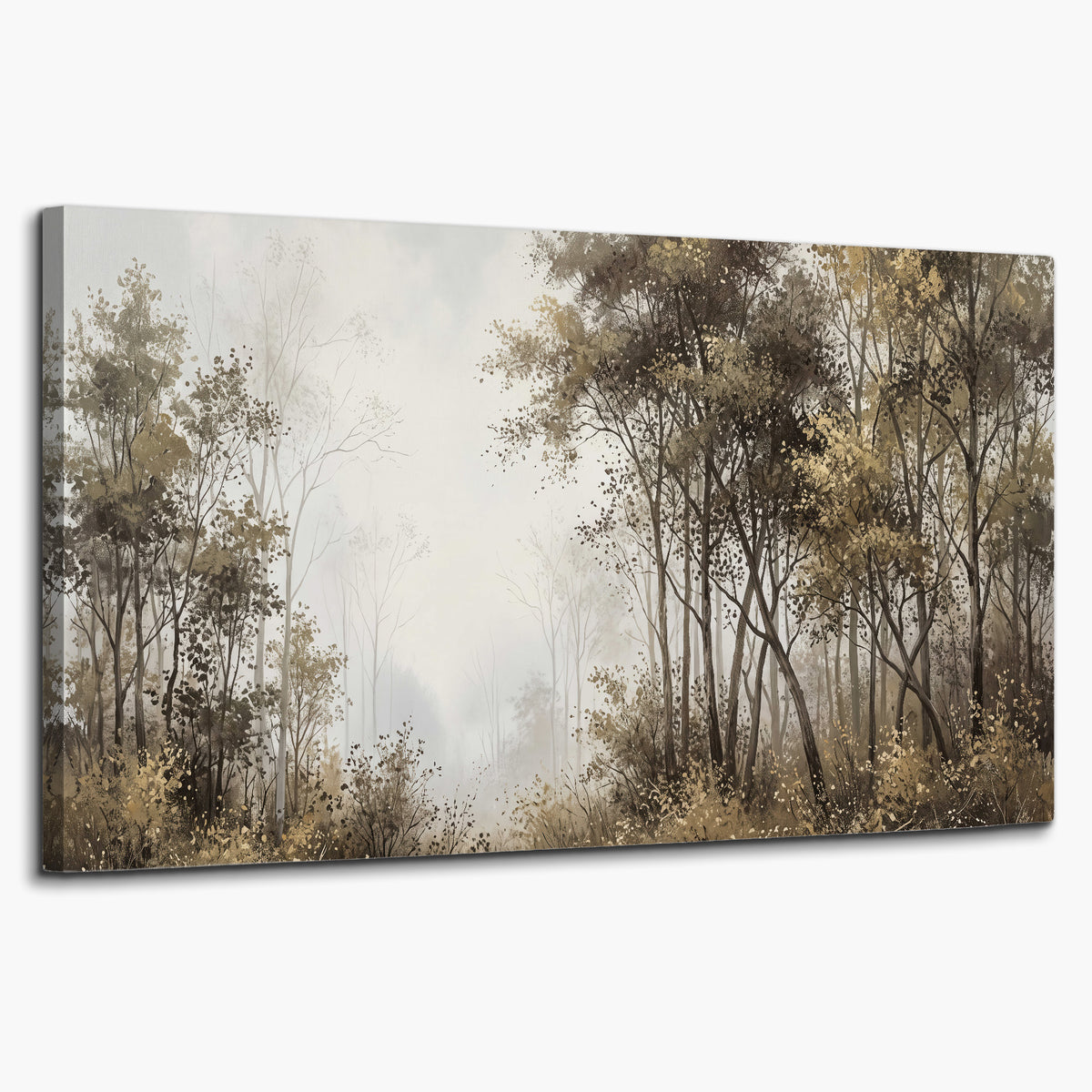 Tall autumn trees framing a pale misty woodland clearing single canvas wall art on a white background