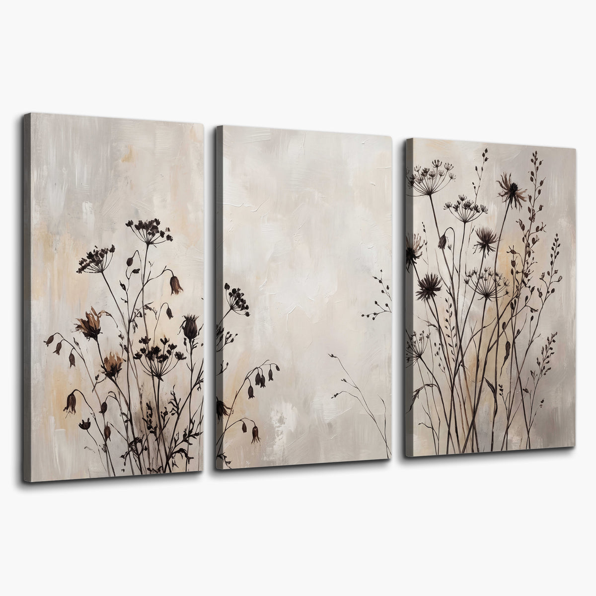 Fine dark wildflower stems and seed heads against soft beige 3 piece canvas wall art on a white background