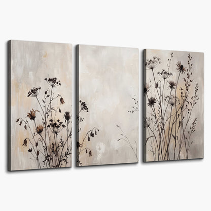 Fine dark wildflower stems and seed heads against soft beige 3 piece canvas wall art on a white background