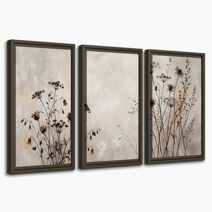 Fine dark wildflower stems and seed heads against soft beige 3 piece framed canvas wall art on a white background