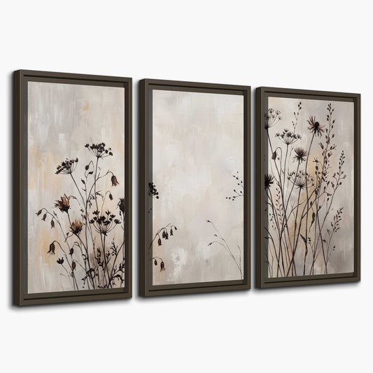 Fine dark wildflower stems and seed heads against soft beige 3 piece framed canvas wall art on a white background
