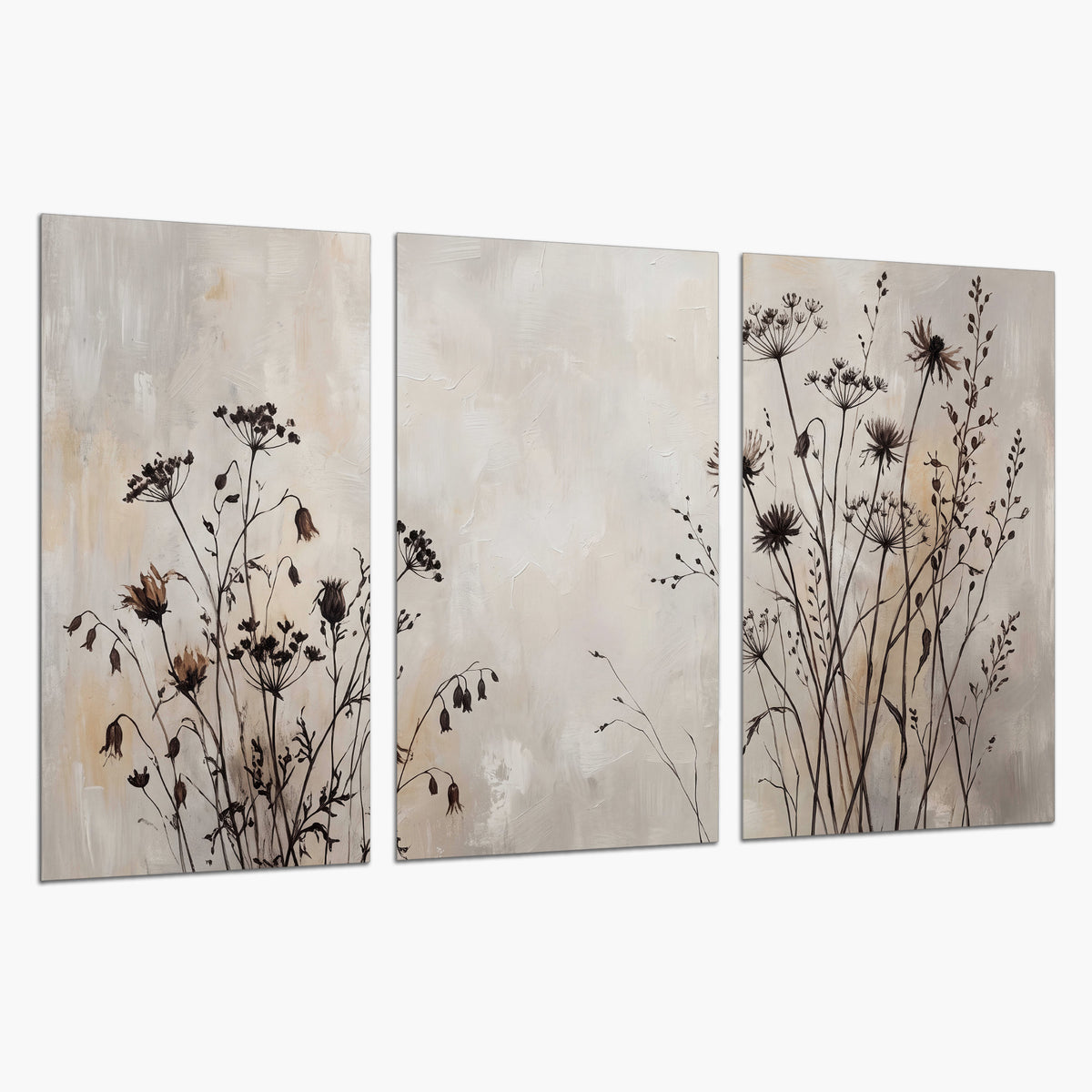 Fine dark wildflower stems and seed heads against soft beige set of 3 poster prints on a white background