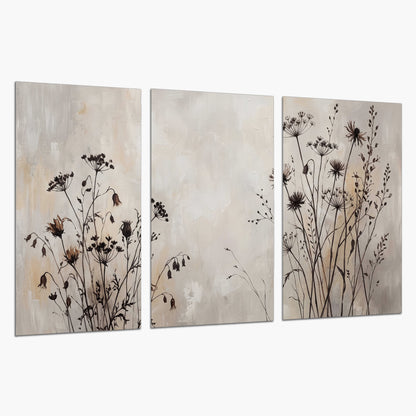 Fine dark wildflower stems and seed heads against soft beige set of 3 poster prints on a white background