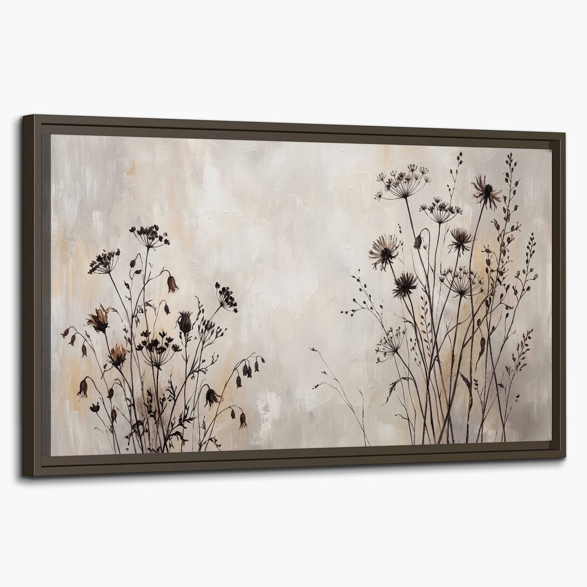 Fine dark wildflower stems and seed heads against soft beige single framed canvas wall art on a white background