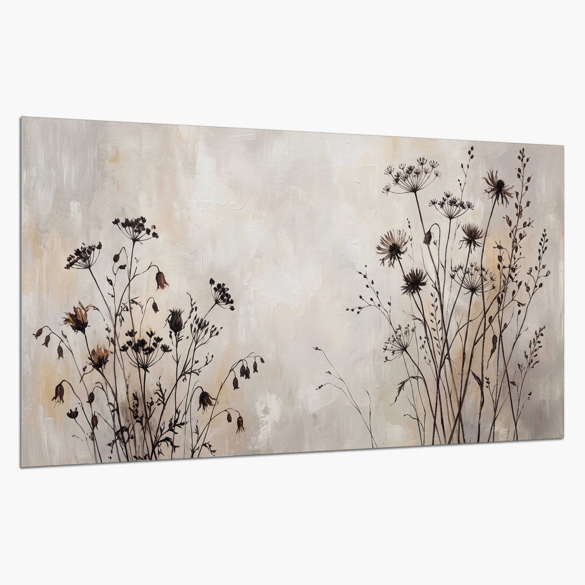 Fine dark wildflower stems and seed heads against soft beige single poster print on a white background