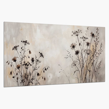 Fine dark wildflower stems and seed heads against soft beige single poster print on a white background