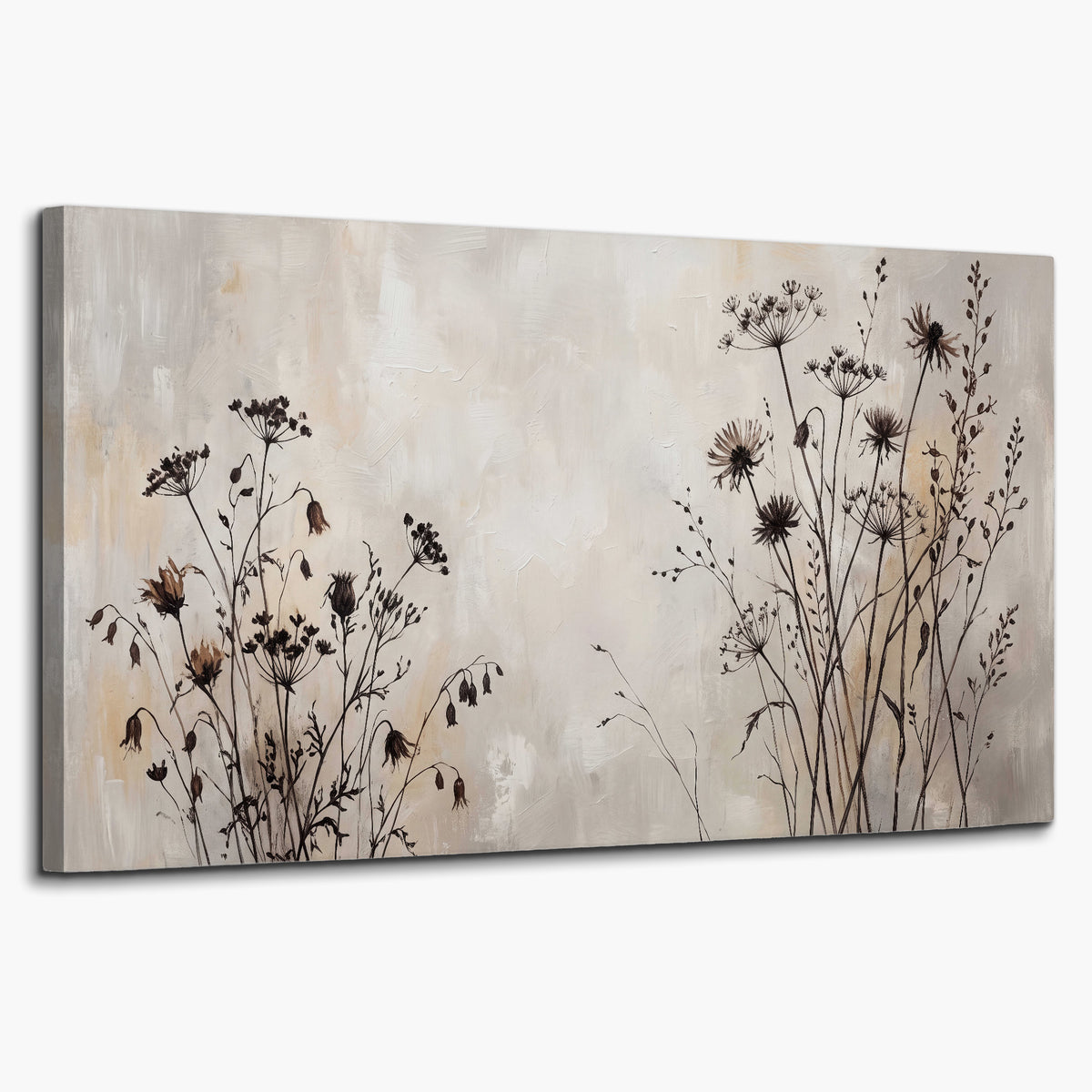 Fine dark wildflower stems and seed heads against soft beige single canvas wall art on a white background
