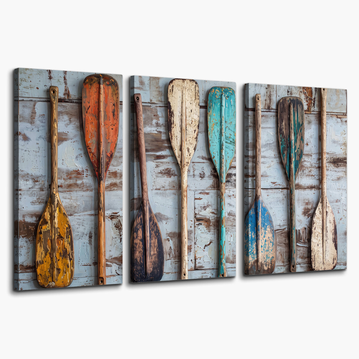 A row of colorful weathered wooden oars against pale blue boards 3 piece canvas wall art on a white background