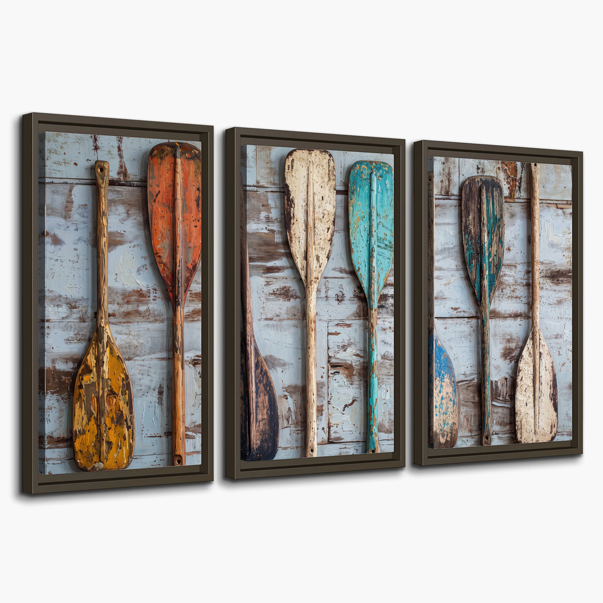 A row of colorful weathered wooden oars against pale blue boards 3 piece framed canvas wall art on a white background