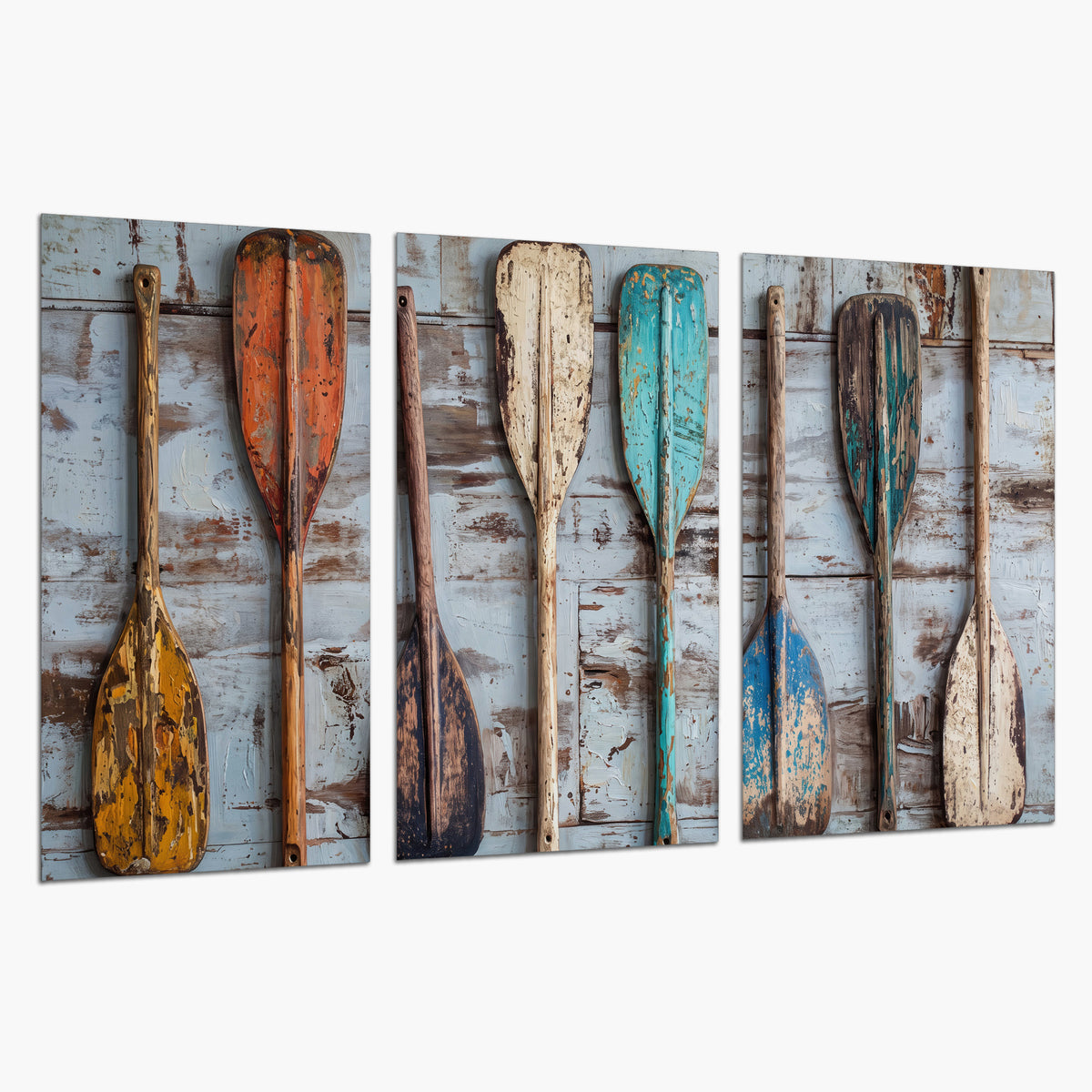 A row of colorful weathered wooden oars against pale blue boards set of 3 poster prints on a white background