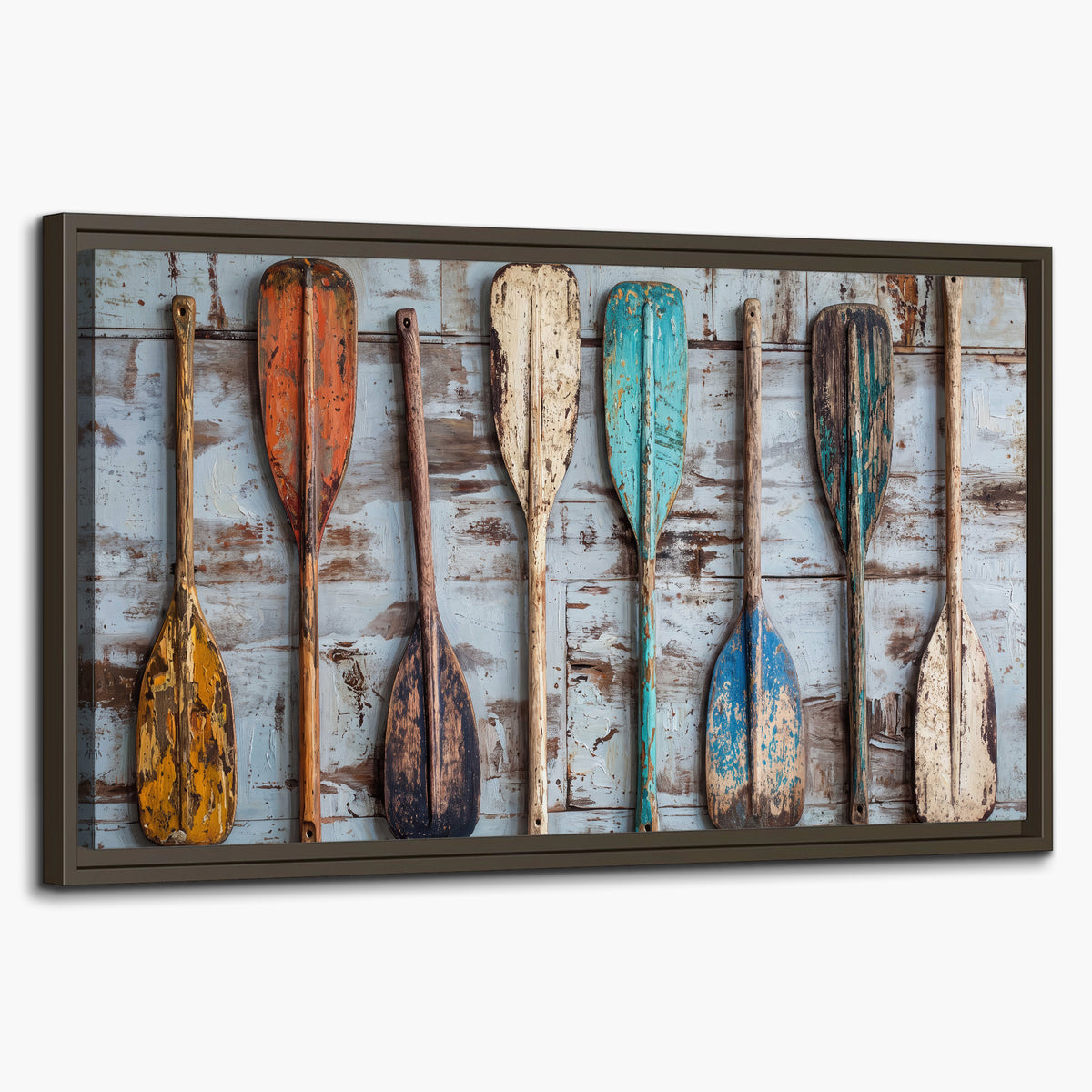 A row of colorful weathered wooden oars against pale blue boards single framed canvas wall art on a white background