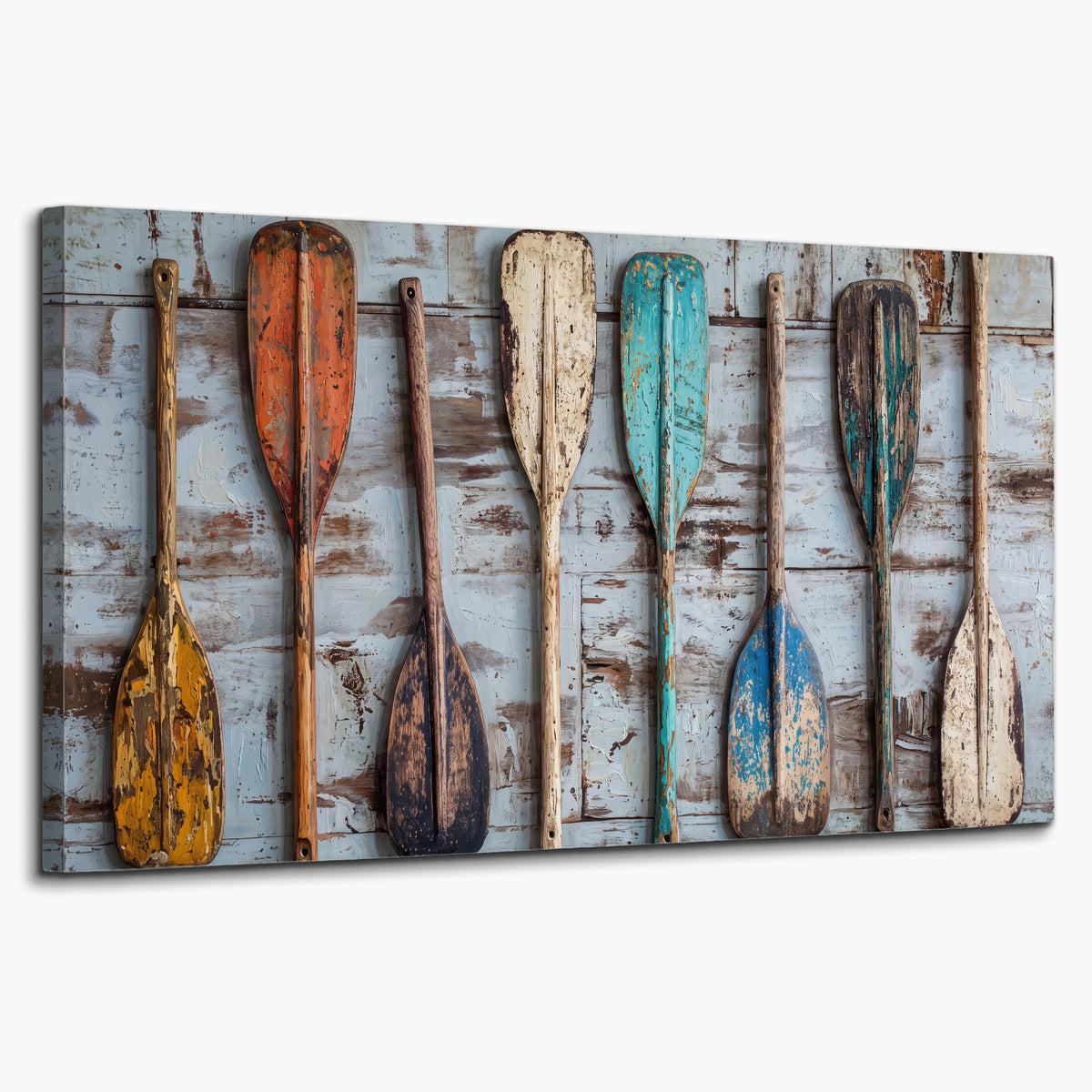 A row of colorful weathered wooden oars against pale blue boards single canvas wall art on a white background