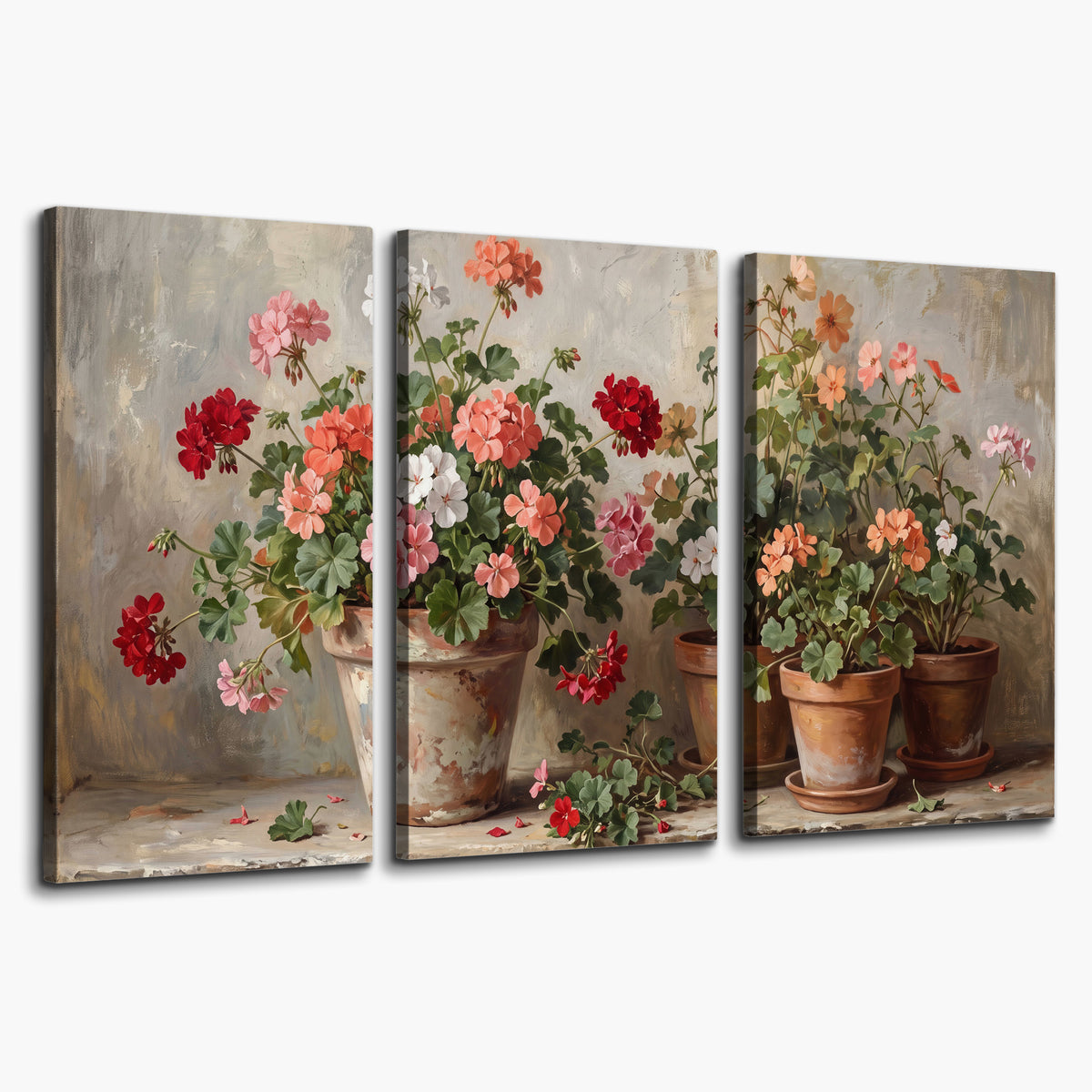 Colorful flowers arranged in rustic pots on a warm neutral background 3 piece canvas wall art on a white background