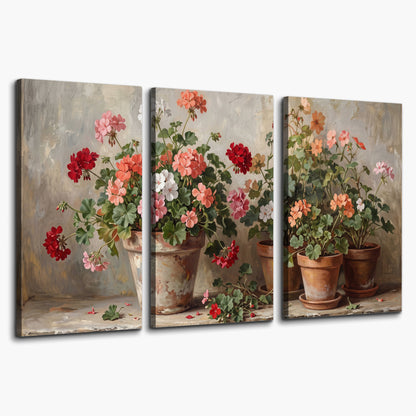 Colorful flowers arranged in rustic pots on a warm neutral background 3 piece canvas wall art on a white background