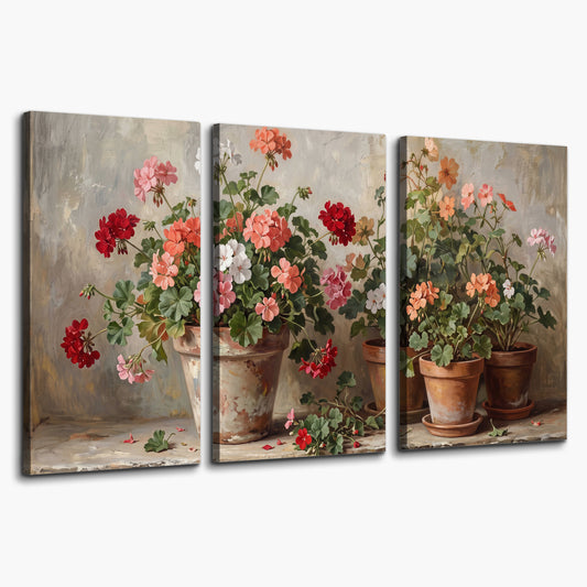 Colorful flowers arranged in rustic pots on a warm neutral background 3 piece canvas wall art on a white background