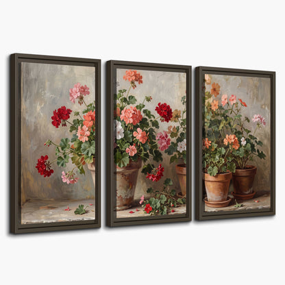 Colorful flowers arranged in rustic pots on a warm neutral background 3 piece framed canvas wall art on a white background