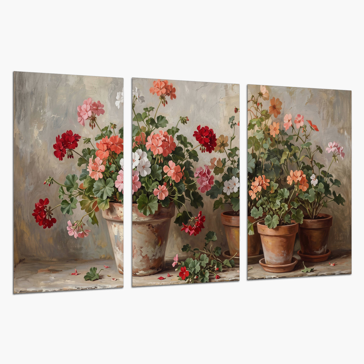 Colorful flowers arranged in rustic pots on a warm neutral background set of 3 poster prints on a white background