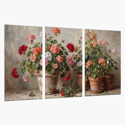 Colorful flowers arranged in rustic pots on a warm neutral background set of 3 poster prints on a white background