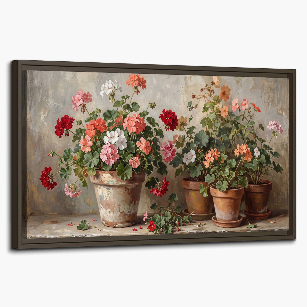 Colorful flowers arranged in rustic pots on a warm neutral background single framed canvas wall art on a white background