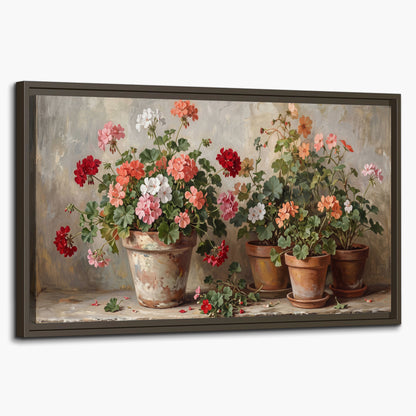 Colorful flowers arranged in rustic pots on a warm neutral background single framed canvas wall art on a white background