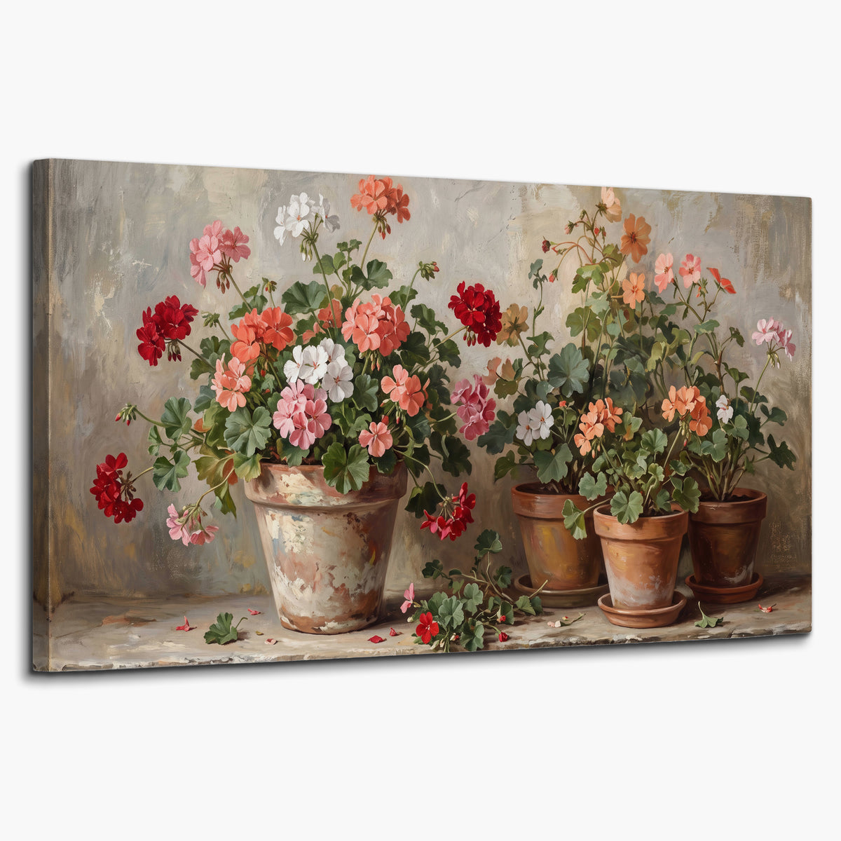 Colorful flowers arranged in rustic pots on a warm neutral background single canvas wall art on a white background