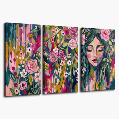 A woman's portrait surrounded by vivid flowers and expressive colorful marks 3 piece canvas wall art on a white background