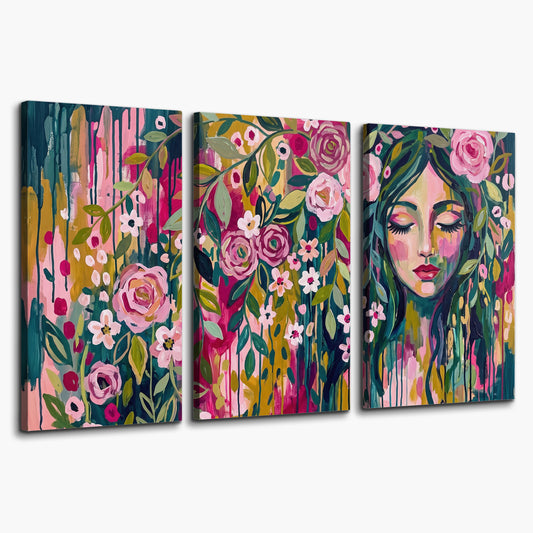 A woman's portrait surrounded by vivid flowers and expressive colorful marks 3 piece canvas wall art on a white background