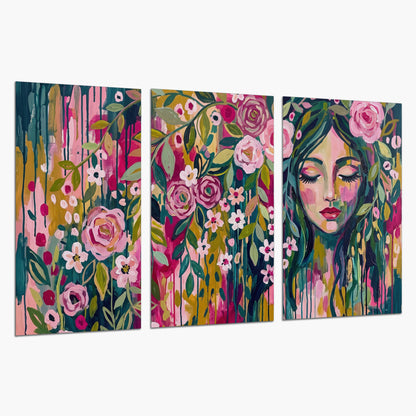 A woman's portrait surrounded by vivid flowers and expressive colorful marks set of 3 poster prints on a white background