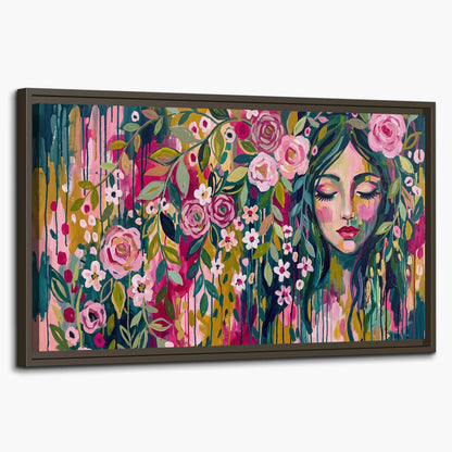 A woman's portrait surrounded by vivid flowers and expressive colorful marks single framed canvas wall art on a white background