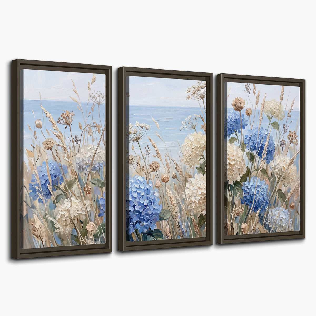Blue hydrangeas and delicate ivory wildflowers beneath a pale blue sky 3 piece framed canvas wall art on a white background