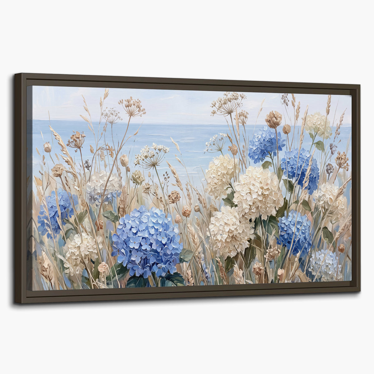 Blue hydrangeas and delicate ivory wildflowers beneath a pale blue sky single framed canvas wall art on a white background