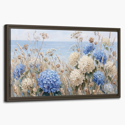 Blue hydrangeas and delicate ivory wildflowers beneath a pale blue sky single framed canvas wall art on a white background
