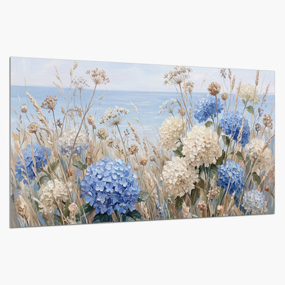 Blue hydrangeas and delicate ivory wildflowers beneath a pale blue sky single poster print on a white background