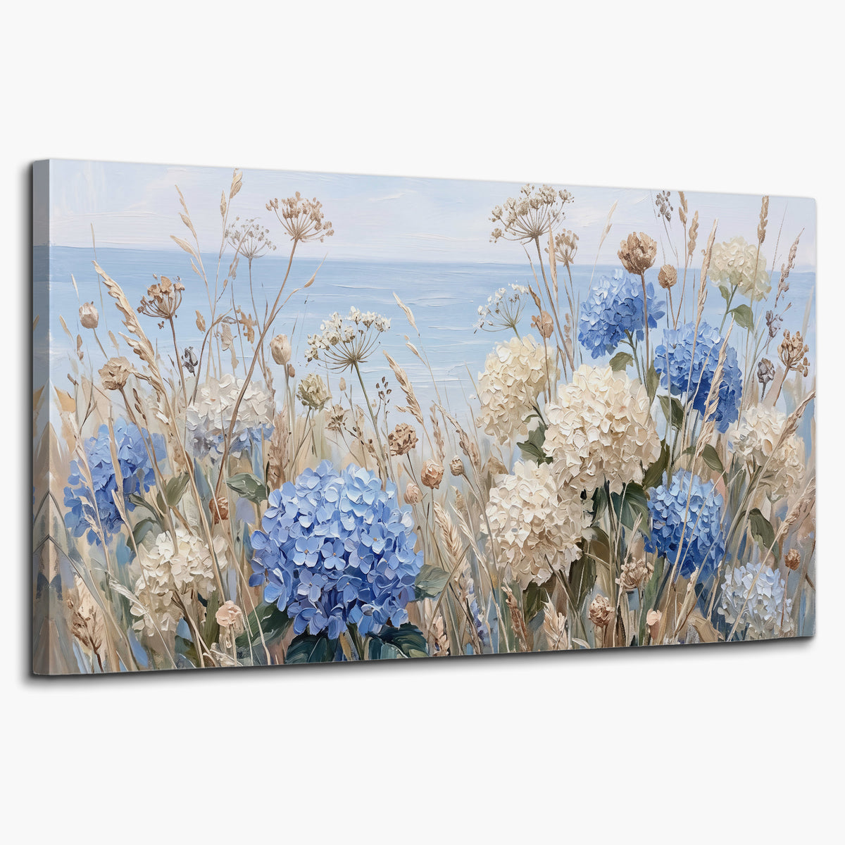 Blue hydrangeas and delicate ivory wildflowers beneath a pale blue sky single canvas wall art on a white background