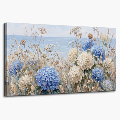 Blue hydrangeas and delicate ivory wildflowers beneath a pale blue sky single canvas wall art on a white background