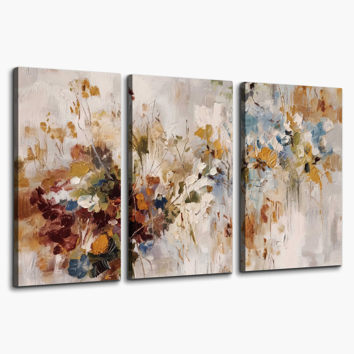 Loose cream, ochre and rust floral shapes with expressive painted-style marks 3 piece canvas wall art on a white background