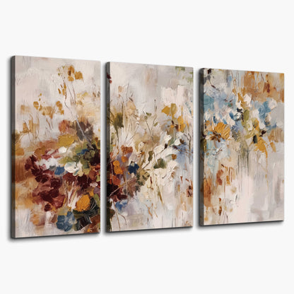Loose cream, ochre and rust floral shapes with expressive painted-style marks 3 piece canvas wall art on a white background