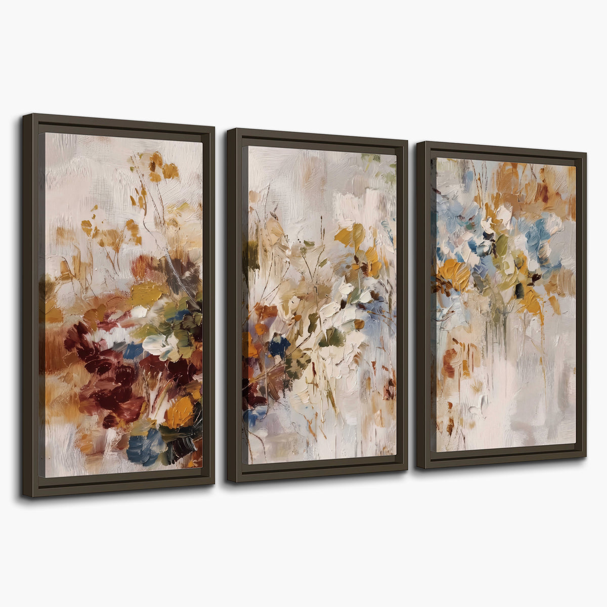 Loose cream, ochre and rust floral shapes with expressive painted-style marks 3 piece framed canvas wall art on a white background