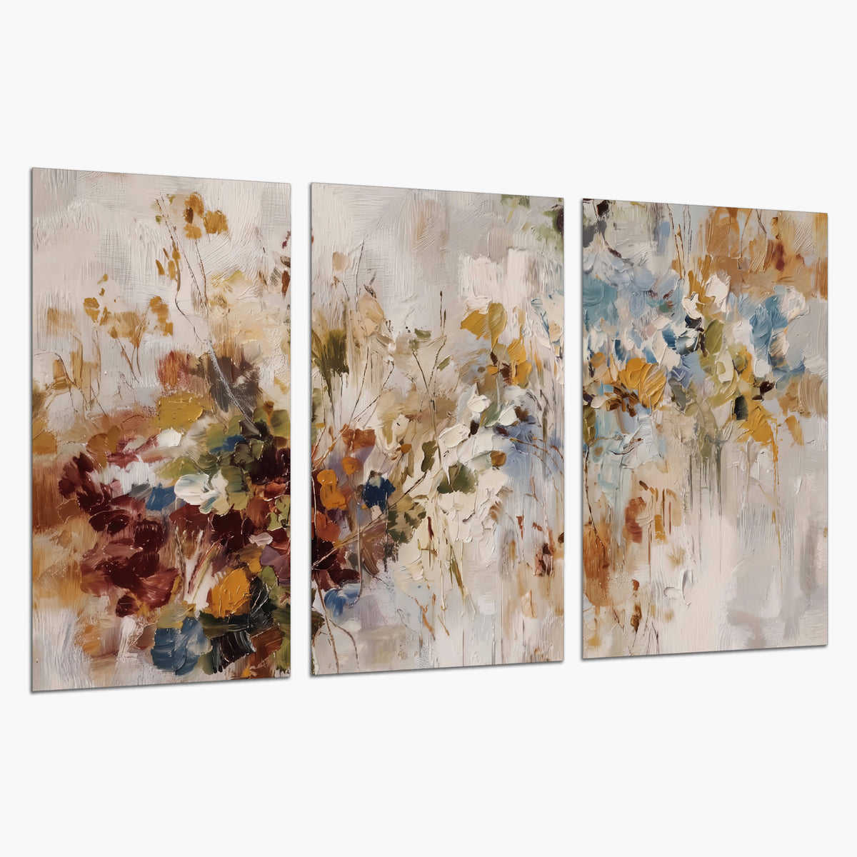 Loose cream, ochre and rust floral shapes with expressive painted-style marks set of 3 poster prints on a white background