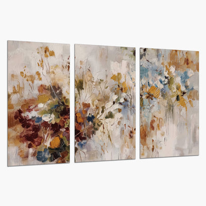 Loose cream, ochre and rust floral shapes with expressive painted-style marks set of 3 poster prints on a white background