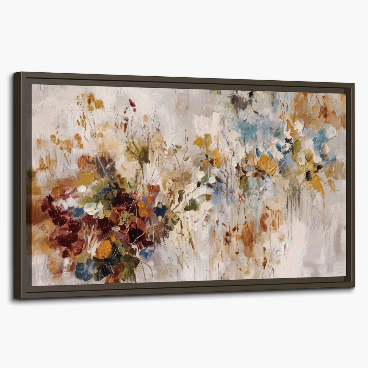 Loose cream, ochre and rust floral shapes with expressive painted-style marks single framed canvas wall art on a white background