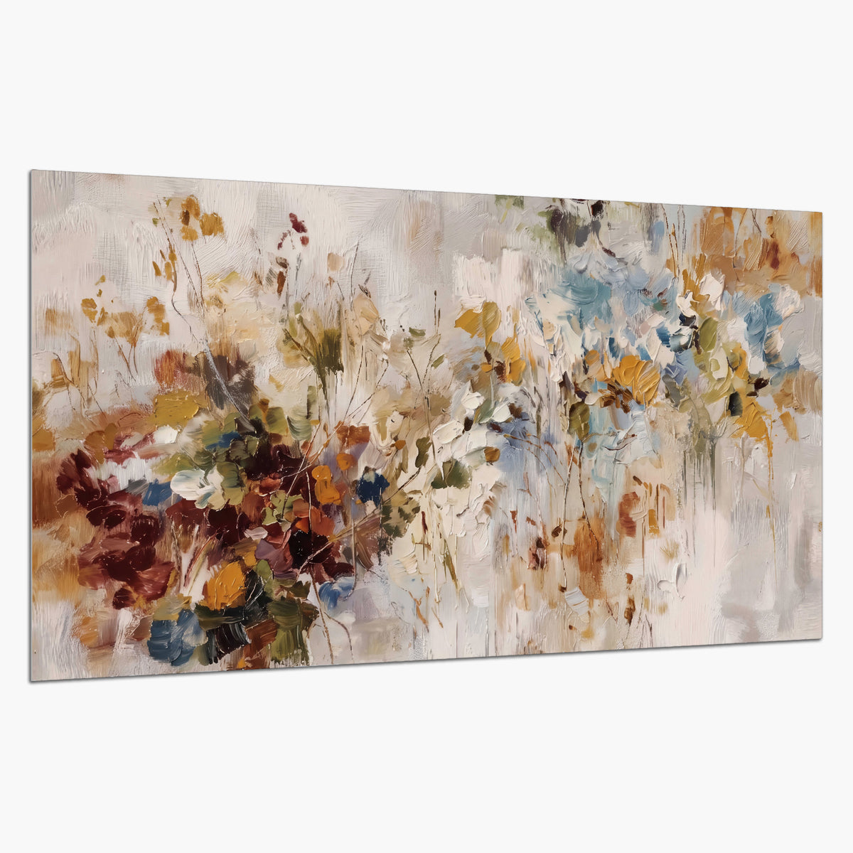 Loose cream, ochre and rust floral shapes with expressive painted-style marks single poster print on a white background