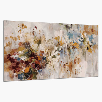 Loose cream, ochre and rust floral shapes with expressive painted-style marks single poster print on a white background