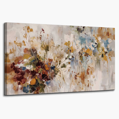 Loose cream, ochre and rust floral shapes with expressive painted-style marks single canvas wall art on a white background