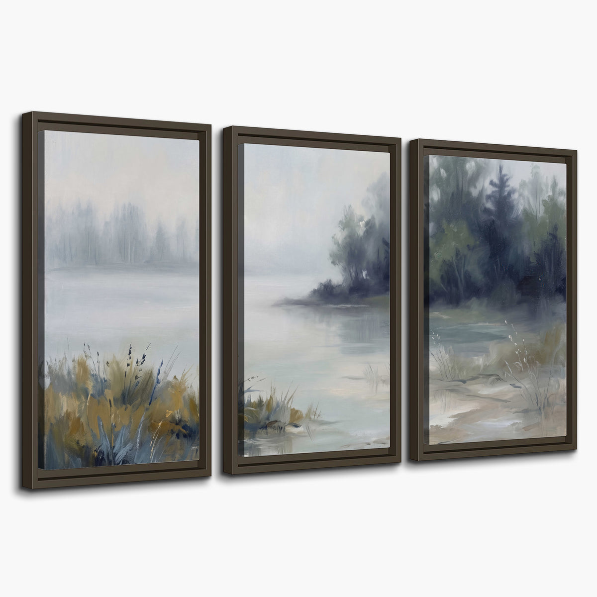 A calm pale lake bordered by dark evergreen trees and distant mist 3 piece framed canvas wall art on a white background
